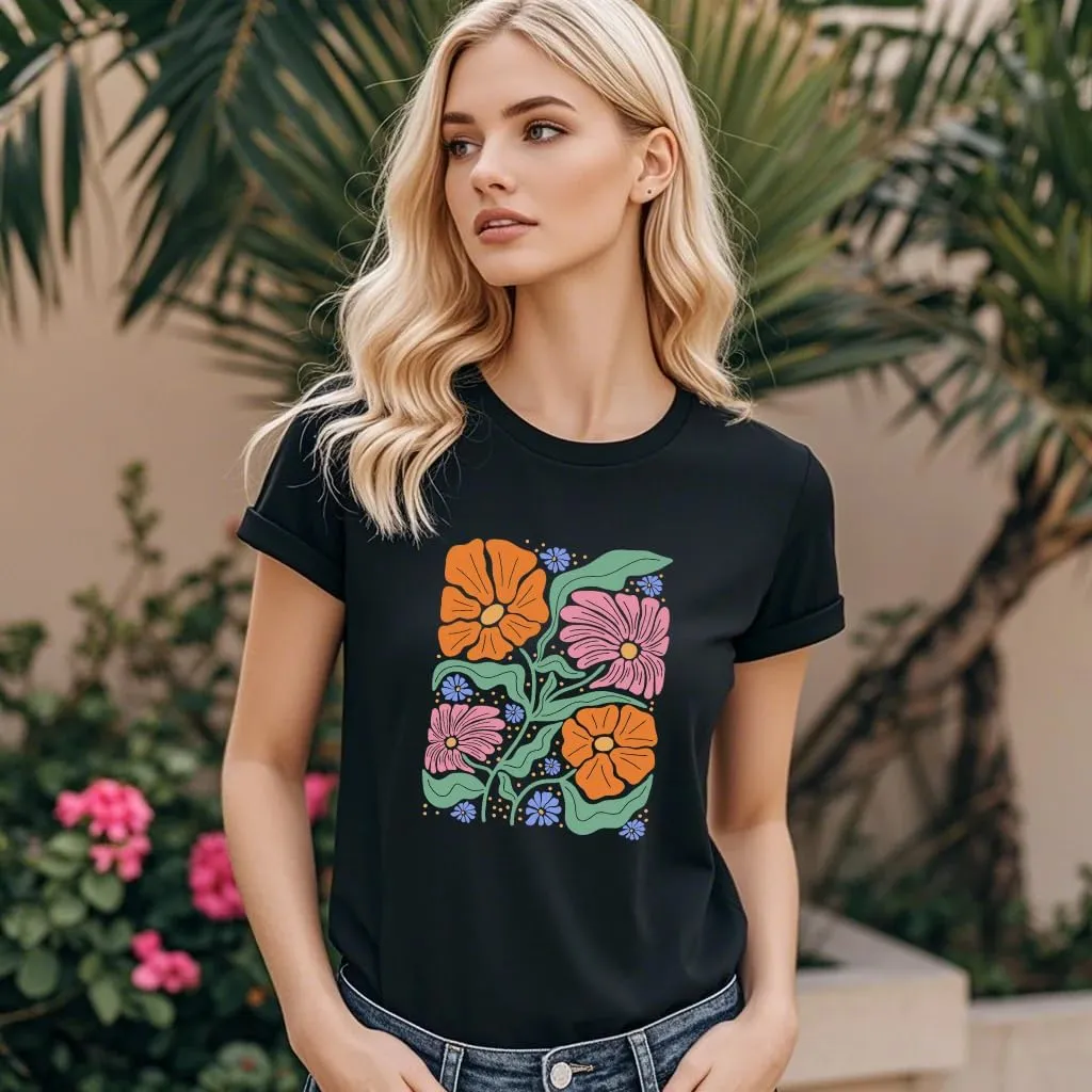 Wildflower Shirt for Women Vintage Floral Tee Flower Plant Tops Sunflower Printed Casual Tees