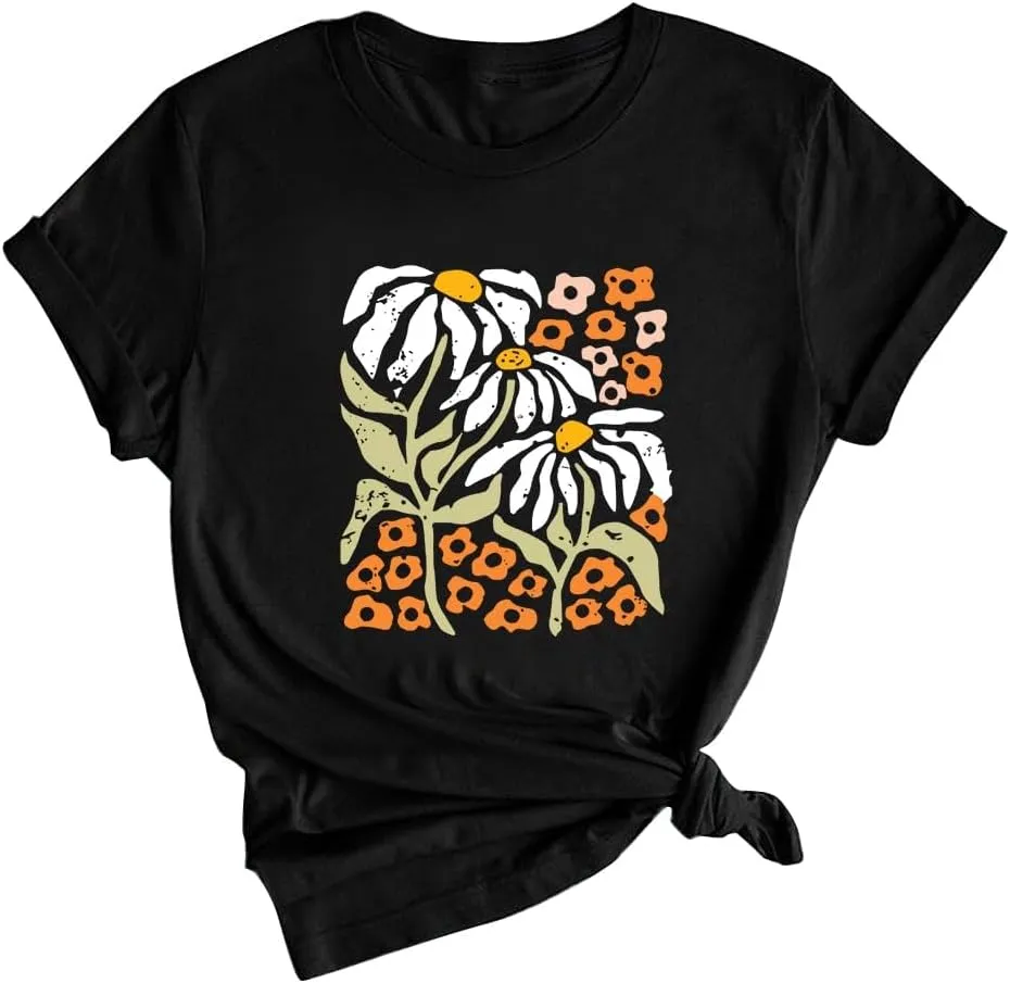 Wildflower Shirt for Women Vintage Floral Tee Flower Plant Tops Sunflower Printed Casual Tees