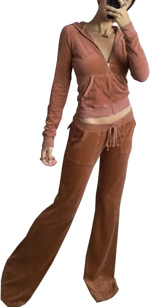Women's 2 Piece Velour Tracksuit Set Heart Print Long Sleeve Zipper Hoodie Cropped Jacket and Sweatpants Y2K Sweatsuit Set