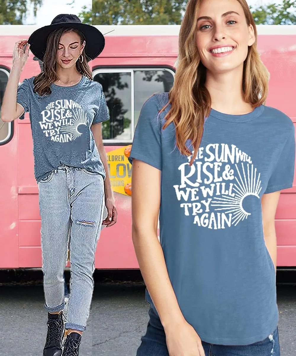 Womens Sunshine Sunrise Graphic Tee Summer Casual Short Sleeve Positive Saying Letter Print Teacher Inspirational T Shirt