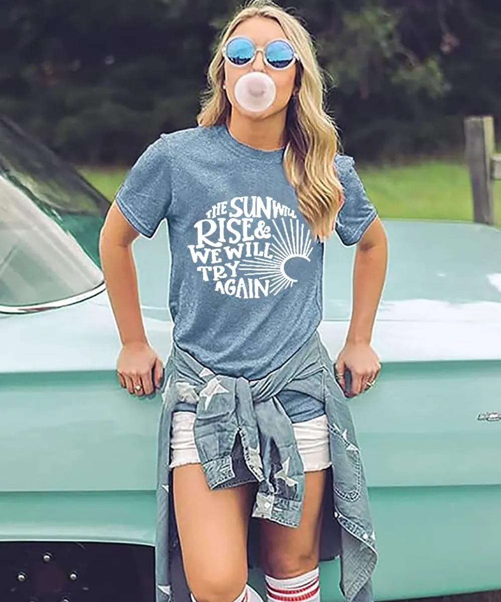 Womens Sunshine Sunrise Graphic Tee Summer Casual Short Sleeve Positive Saying Letter Print Teacher Inspirational T Shirt