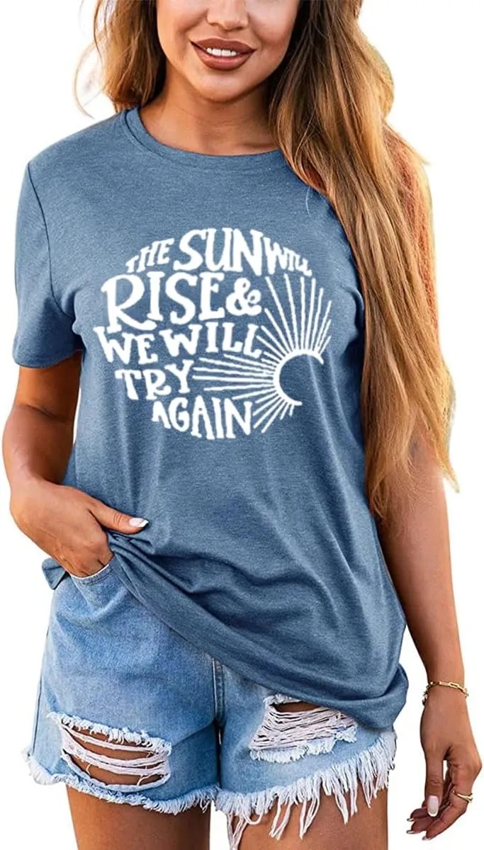 Womens Sunshine Sunrise Graphic Tee Summer Casual Short Sleeve Positive Saying Letter Print Teacher Inspirational T Shirt