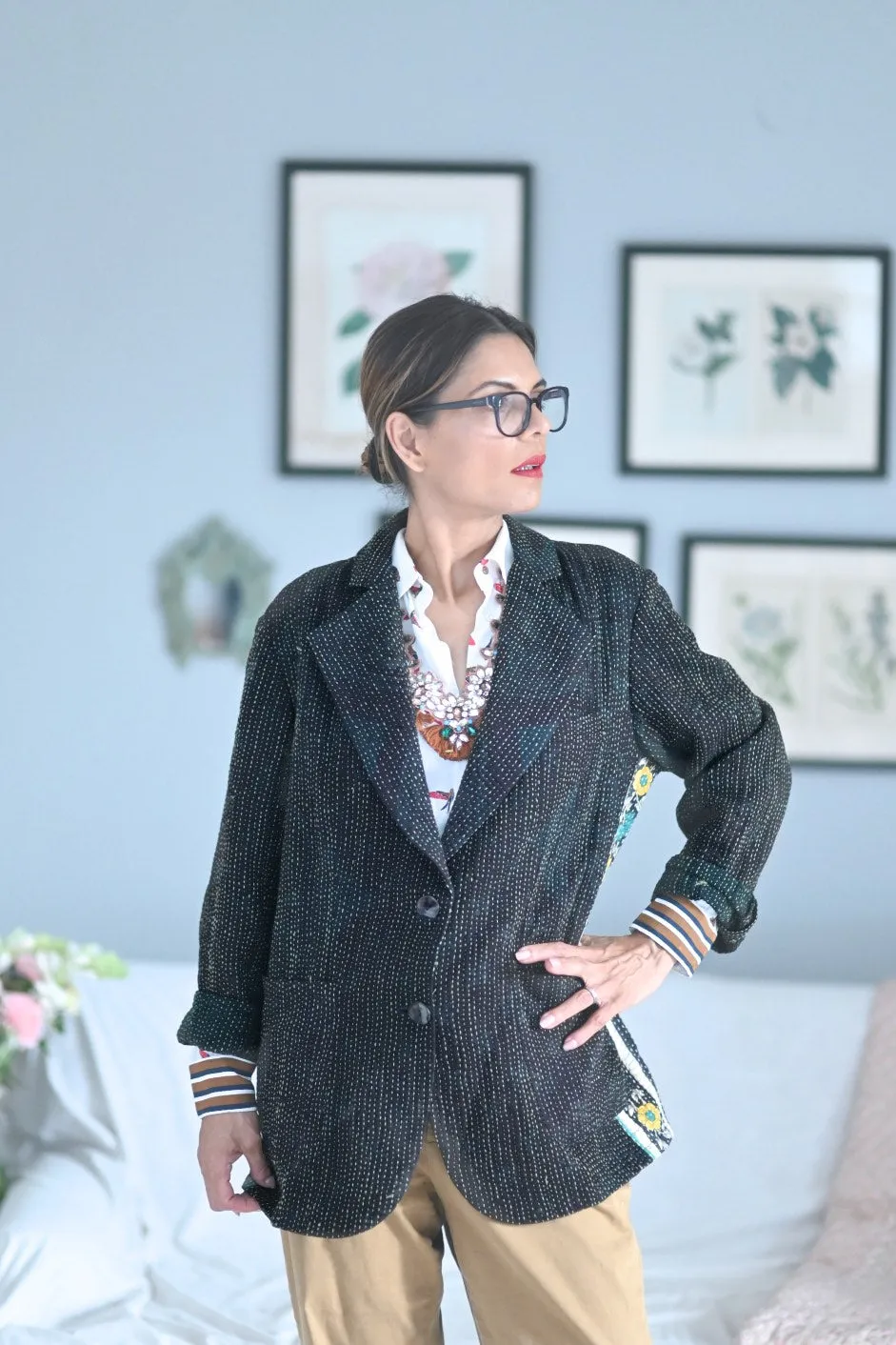 X-Large Size, Kendall Oversized Boyfriend Blazer, Jacket Made with Vintage Kantha Fabric