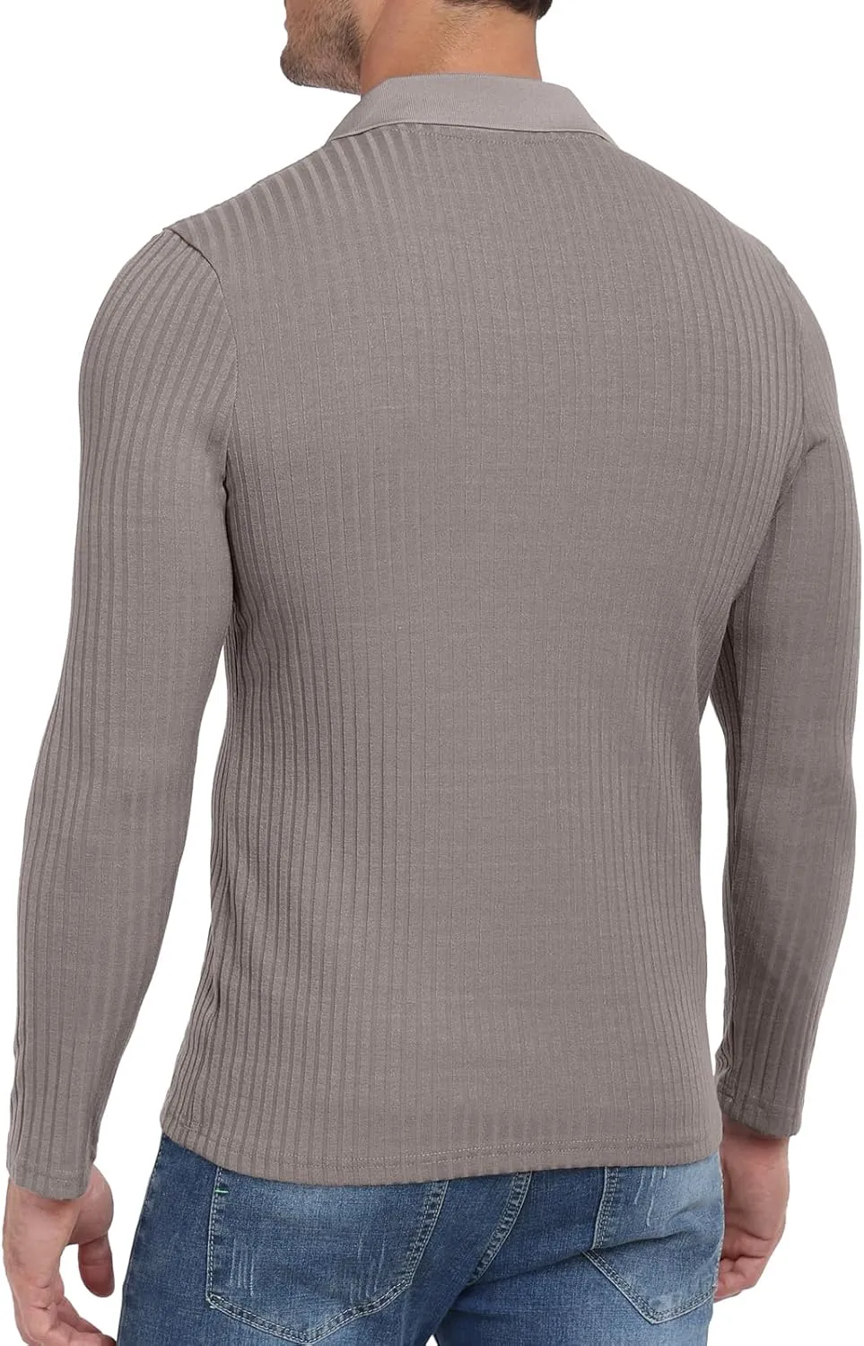 YTD Men's Muscle V Neck Polo Shirts Slim Fit Long Sleeve Golf T-Shirts Ribbed Knit Soft Casual Tees