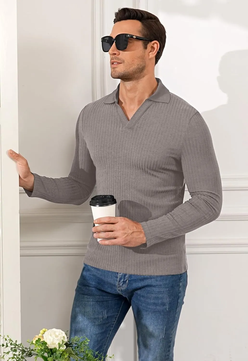 YTD Men's Muscle V Neck Polo Shirts Slim Fit Long Sleeve Golf T-Shirts Ribbed Knit Soft Casual Tees