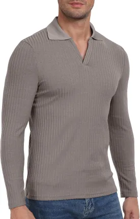 YTD Men's Muscle V Neck Polo Shirts Slim Fit Long Sleeve Golf T-Shirts Ribbed Knit Soft Casual Tees