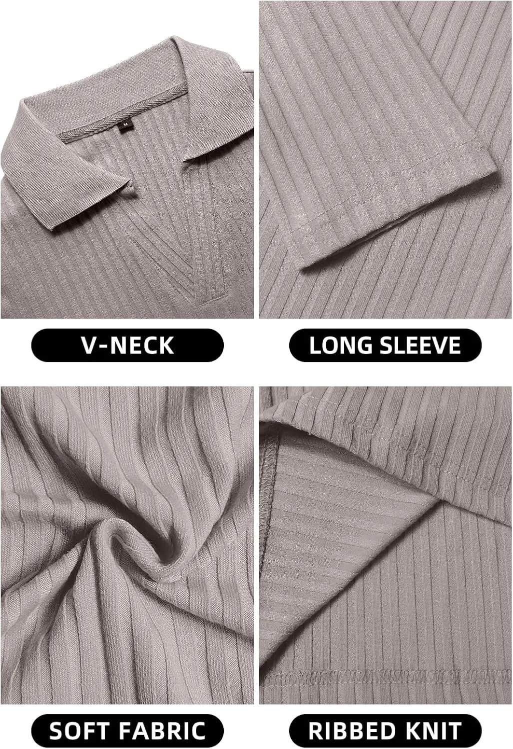 YTD Men's Muscle V Neck Polo Shirts Slim Fit Long Sleeve Golf T-Shirts Ribbed Knit Soft Casual Tees