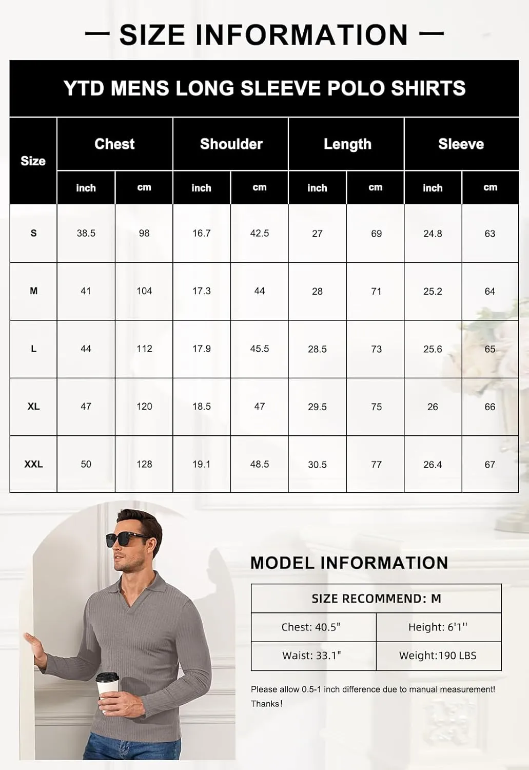 YTD Men's Muscle V Neck Polo Shirts Slim Fit Long Sleeve Golf T-Shirts Ribbed Knit Soft Casual Tees