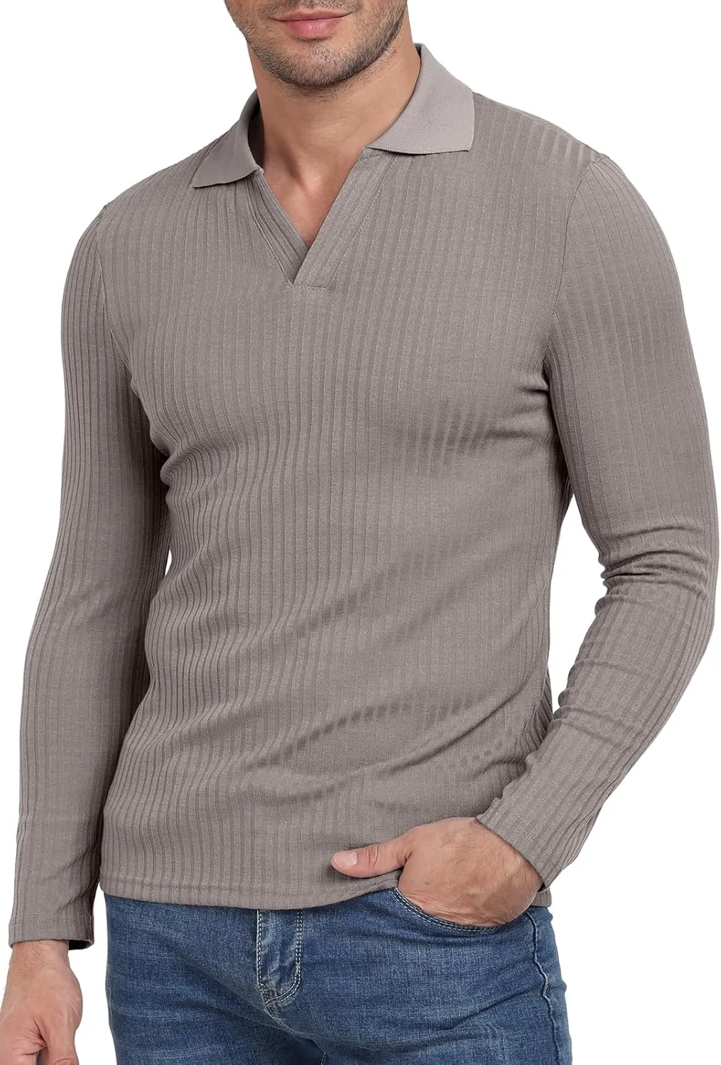YTD Men's Muscle V Neck Polo Shirts Slim Fit Long Sleeve Golf T-Shirts Ribbed Knit Soft Casual Tees